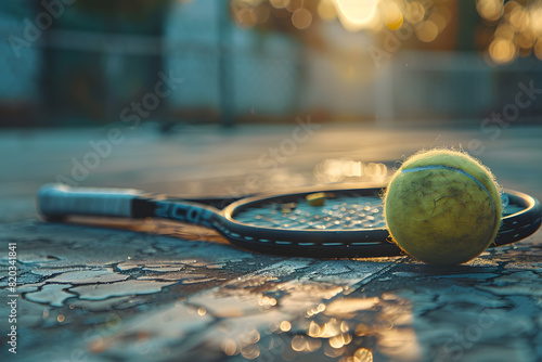 Sunset tennis - racket and ball on court surface