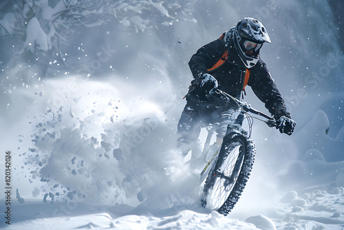 Cyclist braves a snowy trail with a powerful ride © ALEXSTUDIO