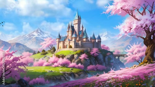 Majestic fantasy castle standing tall against a clear blue sky on a sunlit day, radiating enchantment and grandeur. Seamless looping 4k time-lapse virtual video animation background.