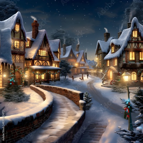 Snowy winter night in a small village, 3d digitally rendered illustration
