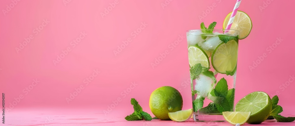 Refreshing mojito with mint leaves, lime slices, and a pink straw against a bright pink background
