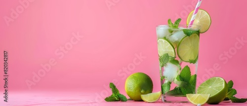 Obraz na płótnie Refreshing mojito with mint leaves, lime slices, and a pink straw against a bright pink background w salonie
