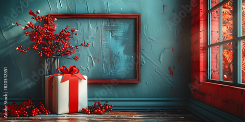 Blue Gift Wrapped in Wooden Frame photo