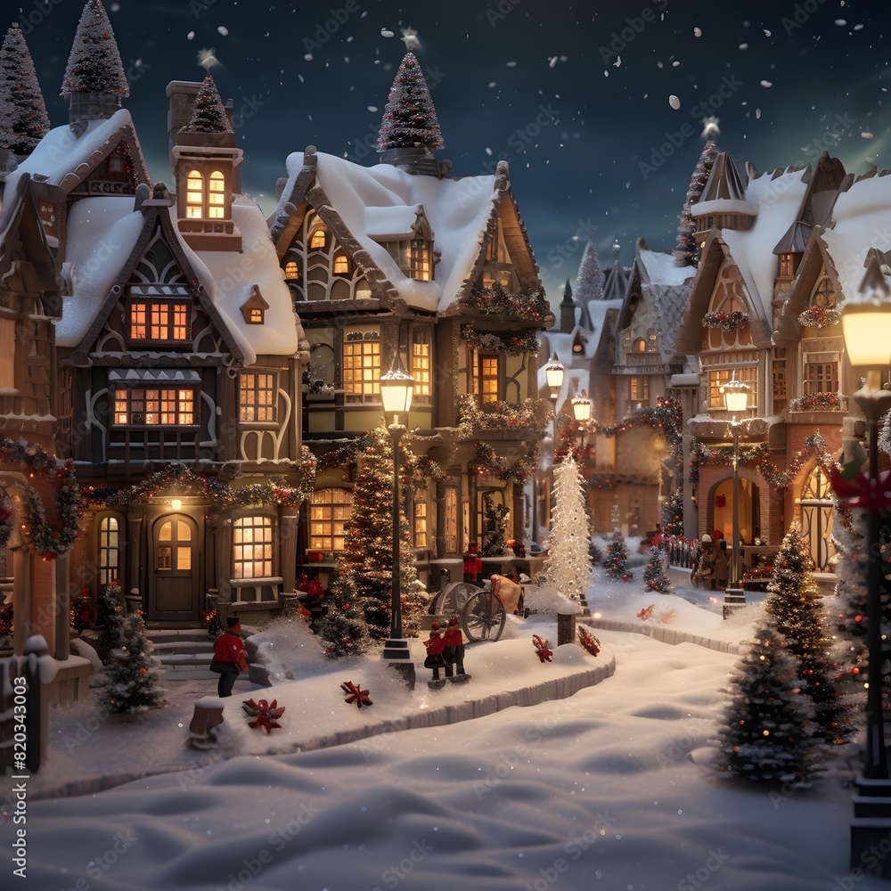 Snowy village at night. Christmas and New Year holidays concept.