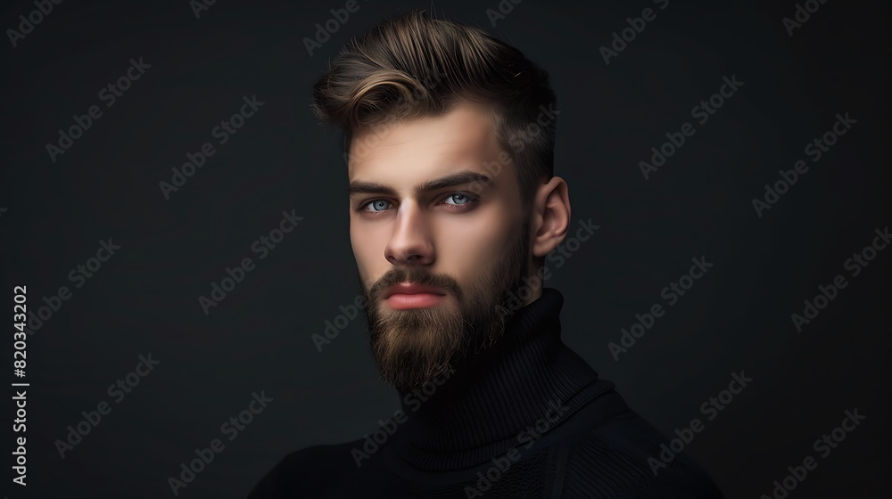Young handsome man with short colored hair on dark studio background, portrait of bearded guy wearing black jumper. Concept of style, fashion, beauty model, male, stylish hairstyle