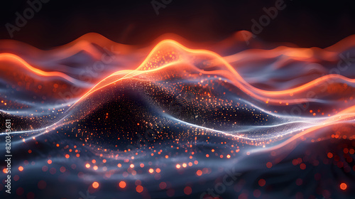 Abstract image of glowing, undulating waves with vibrant orange and white light points, perfect for technology themes, futuristic designs, and digital art projects