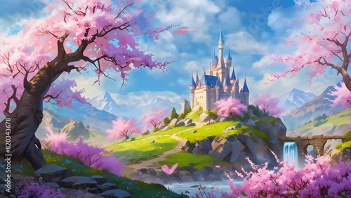 Majestic fantasy castle standing tall against a clear blue sky on a sunlit day, radiating enchantment and grandeur. Seamless looping 4k time-lapse virtual video animation background.