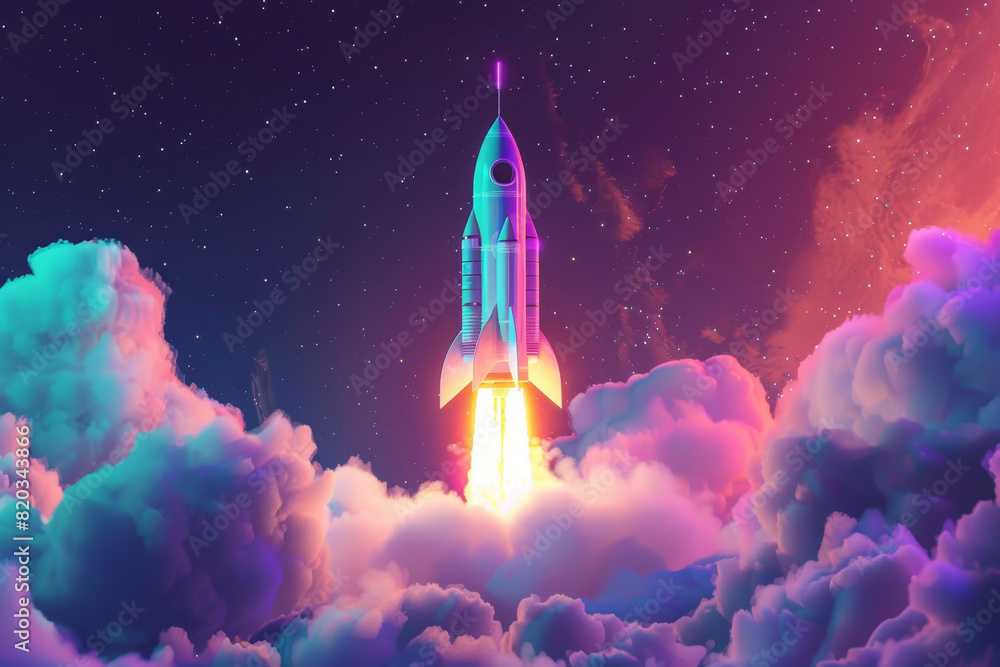 Fototapeta premium 3d rocket ship launch with colorful smoke and glow, space background, detailed illustration