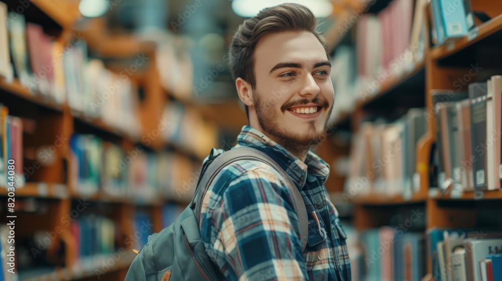 Handsome Smile student man with backpack and books in library, education, university, cheerful, college, happy, standing, school, backpack, attractive, enjoyment, confidence. Handsome Smile student man with backpack and books in library, education, university, cheerful, college, happy, standing, school, backpack, attractive, enjoyment, confidence.