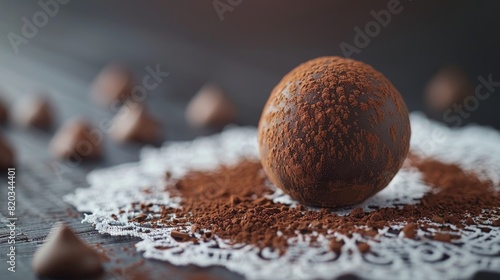 Decadent chocolate truffle with cocoa dust on delicate lace doily against dark, moody background photo