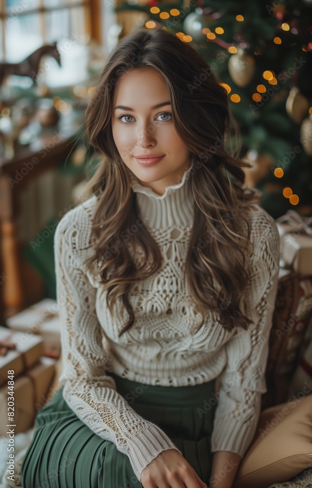 stunning woman in her thirties sits elegantly by a Christmas tree adorned with lights stunning woman in her thirties sits elegantly by a Christmas tree adorned with lights