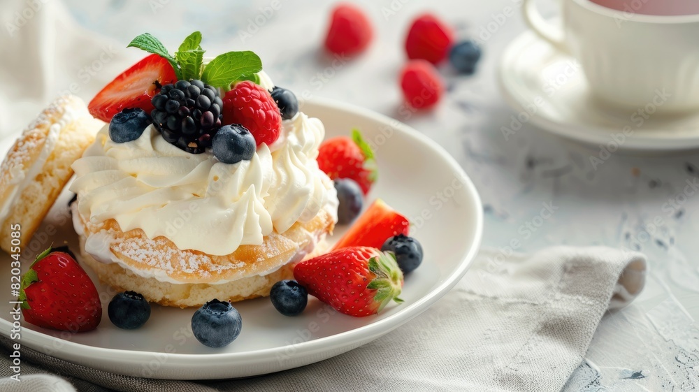 Cream-filled pastry topped with fresh berries on plate, tea in background Cream-filled pastry topped with fresh berries on plate, tea in background