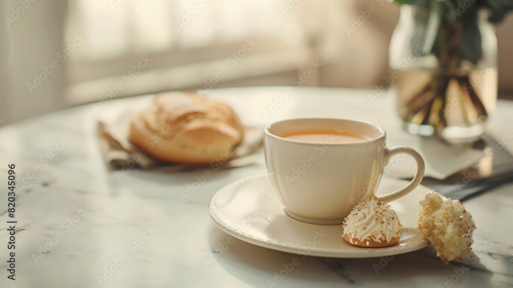 Fototapeta premium Cup of tea with pastries on marble table, light and elegant setting