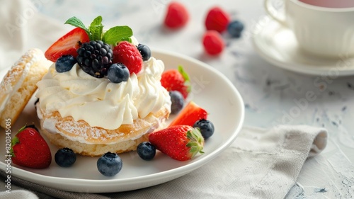 Cream-filled pastry topped with fresh berries on plate, tea in background
