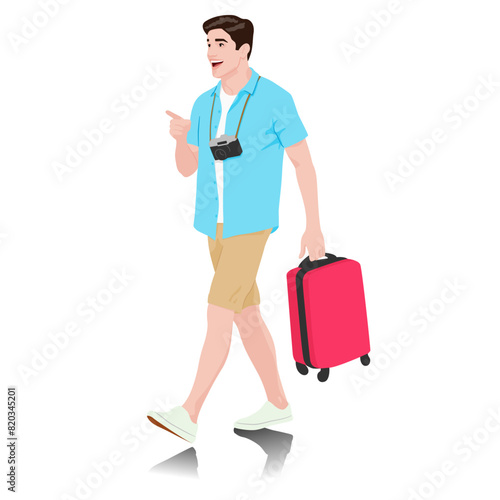 Young man tourist with camera. Male in casual clothes with a suitcase. Young male traveler goes on a journey. Vector illustration isolated on white