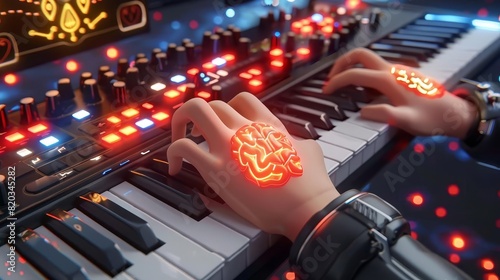 A person using a braincomputer interface to compose music on a digital keyboard photo
