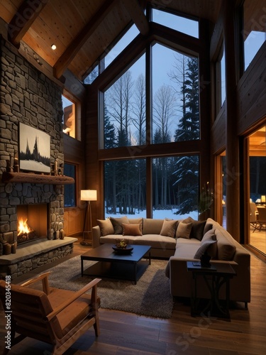 A double-height ceiling living room with a large  floor-to-ceiling window on one side log cabin.