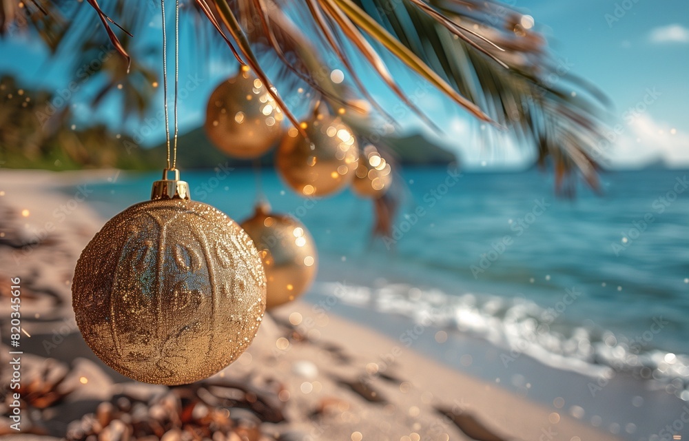custom made wallpaper toronto digitalGolden Christmas ornaments adorn palm branches, casting festive glimmers against the serene azure sea
