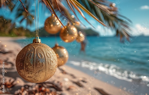 Wallpaper Mural Golden Christmas ornaments adorn palm branches, casting festive glimmers against the serene azure sea Torontodigital.ca