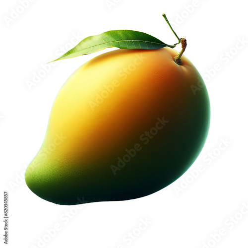 A yellow mango with a green leaf on a transparent  photo