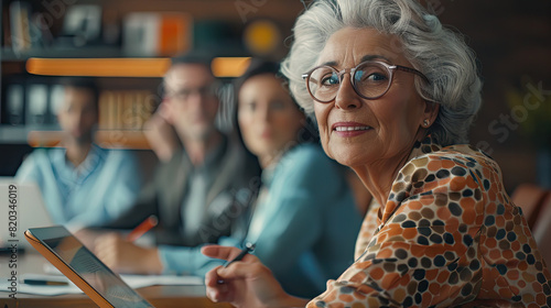 Older woman using a tablet to guide a team meeting in a collaborative space