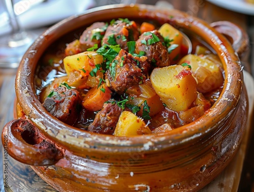 A hearty beef stew cooked with tender chunks of beef, potatoes, carrots, and herbs,served in a rustic clay pot. photo