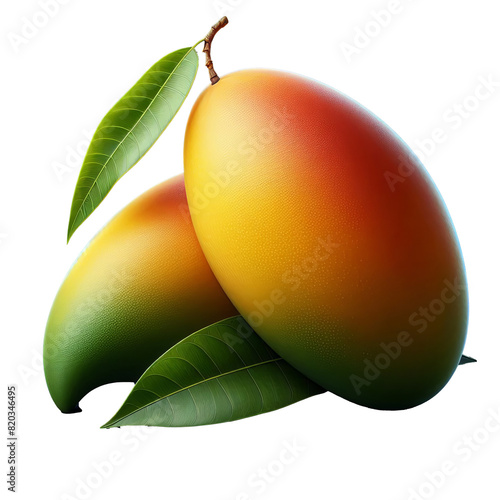 A yellow mango with a green leaf on a transparent  photo