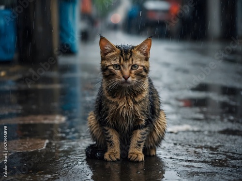 Stray homeless cat. Sad abandoned hungry kitten sitting alone in the street under rain. Dirty wet lost cat outdoors with blurred background.