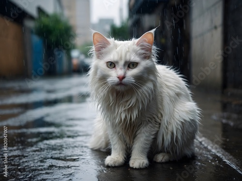 Stray homeless white angora cat. Sad abandoned hungry kitten sitting alone in the street under rain. Dirty wet lost cat outdoors with blurred background.