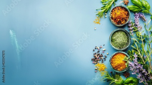 Array of spices and herbs spread on blue backdrop
