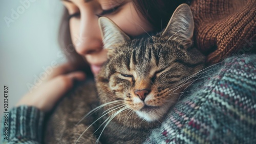 Woman snuggling with tabby cat, expressing affection, comfort, and companionship