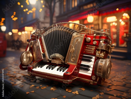 Old accordion on the street in the evening. 3d illustration photo