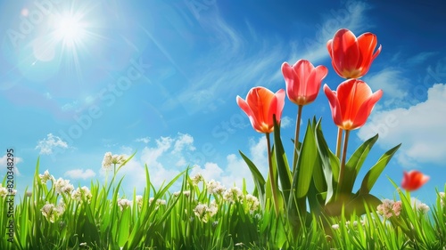 Vibrant tulips in bloom under sunny blue sky