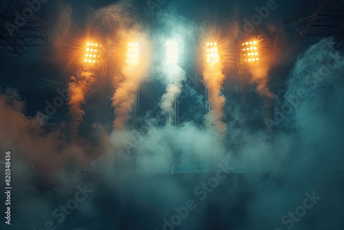 A smokey, dark background with bright lights in the foreground. The lights are orange and yellow