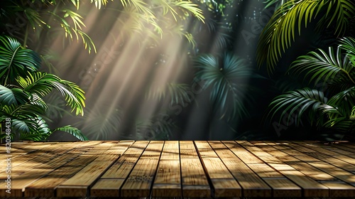 Empty bamboo wooden table with sunlight and shadow of green plants on background, for product display montage
