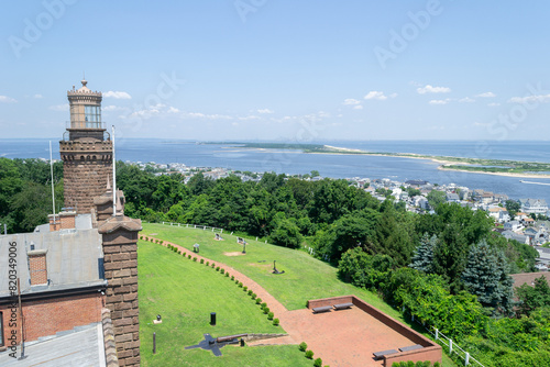 View of the Navesink Twin Lights State Historic Site lighthouses in Highlands, New Jersey, United States.