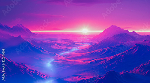 Sunrise in mountains, sci-fi background