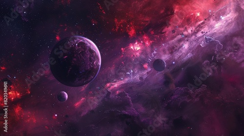 A beautiful galaxy scene with multiple planets in dark red and purple colors, highly detailed, high resolution artwork. #820349641