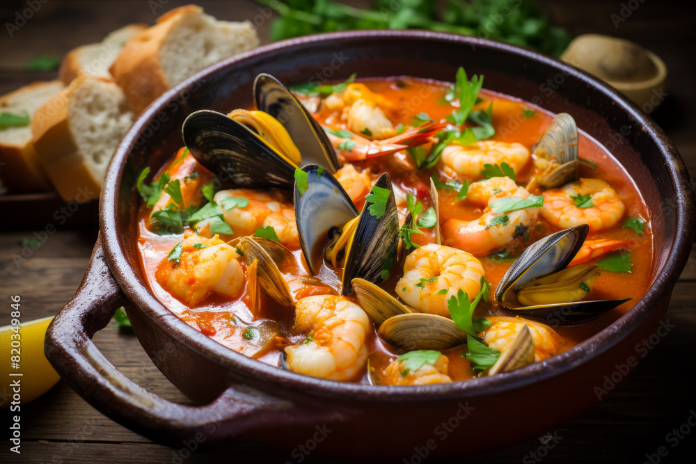 A bowl of flavorful seafood soup made with shrimp, mussels, and bread, placed on a rustic wooden table, perfect for a delicious meal experience A bowl of flavorful seafood soup made with shrimp, mussels, and bread, placed on a rustic wooden table, perfect for a delicious meal experience