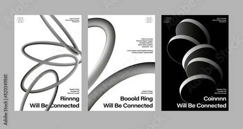 Minimal poster design set black white monochrome gradient modern art style  abstract ring intertwine coin link line Linear Wall White Minimalist Poster Nordic Room Prints annual exhibition urban style