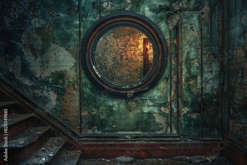 A dark and dingy room with a mirror in the center. The mirror is surrounded by a green wall and has a candle in it. The room has a creepy and unsettling atmosphere