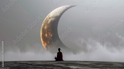 A turned back monk silhouette wearing robe sits on ground and meditating in front of a large, glowing, crescent moon on a foggy, misty place. photo