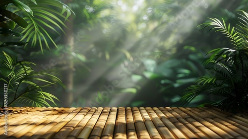 Empty bamboo wooden table with sunlight and shadow of green plants on background  for product display montage