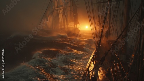 A stormy sea with the only visible light being the eerie glow of St. Elmos Fire on the mast of a ship. photo