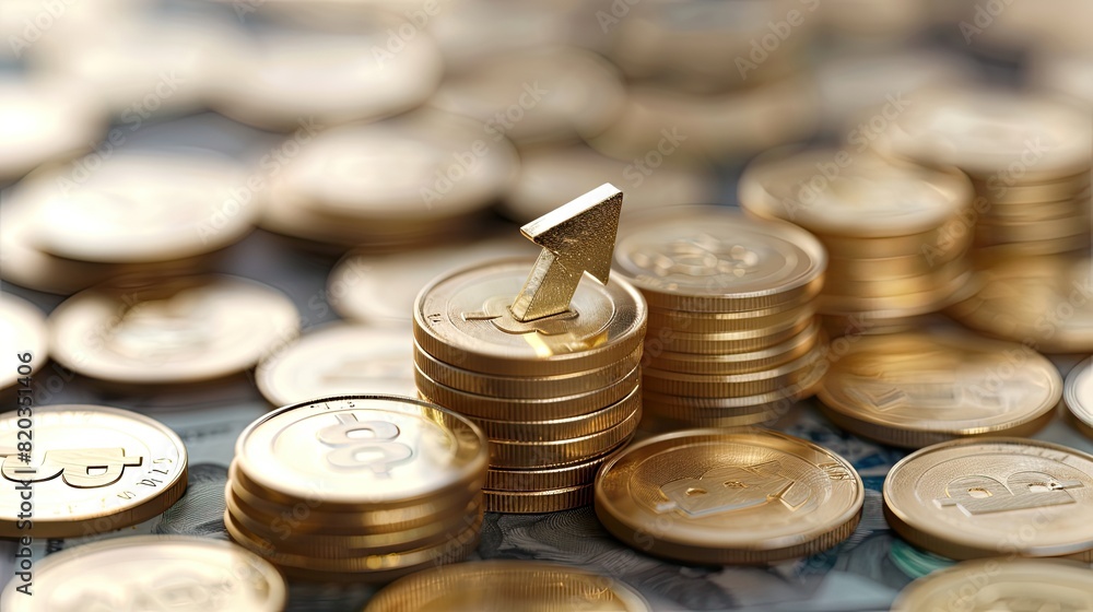 A pile of gold coins with a single coin on top that has an arrow pointing upwards. The coins are stacked on top of each other, creating a sense of wealth and prosperity A pile of gold coins with a single coin on top that has an arrow pointing upwards. The coins are stacked on top of each other, creating a sense of wealth and prosperity