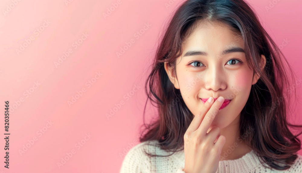 Asian woman, expand fingers at mouth cheek. she is whisper something. Asian woman, expand fingers at mouth cheek. she is whisper something.