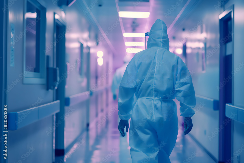 Medical staff in PPE walking down a hospital corridor, lit in blue and purple tones Medical staff in PPE walking down a hospital corridor, lit in blue and purple tones