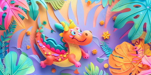 Cute Baby Dinosaurs in Prehistoric Forest, Design for Children. Colorful and Playful imaginary dino animals wallpaper © hamzarao