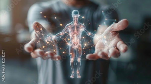A man's hands hold a virtual hologram of the human body with energy lines, in the concept of medical technology on a blurred background. The hologram depicts the body #820352274