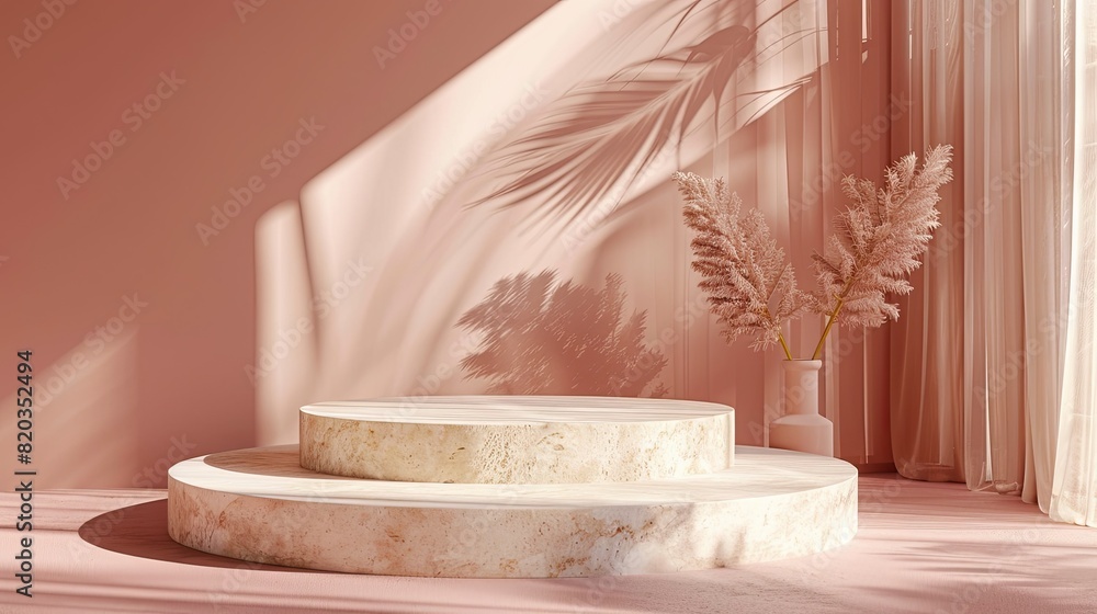 A pink room with a white curtain and a vase with a plant in it A pink room with a white curtain and a vase with a plant in it